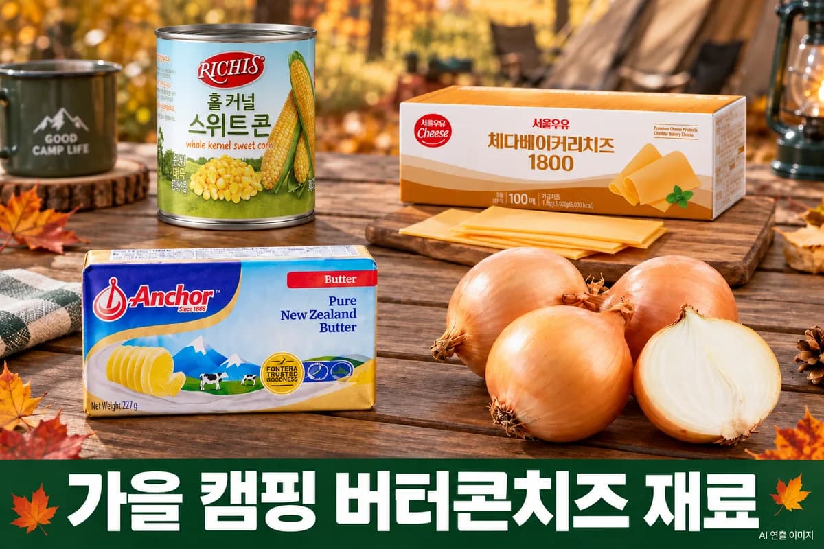 버터콘치즈 주재료를 펼친 가을 캠핑 장보기 장면