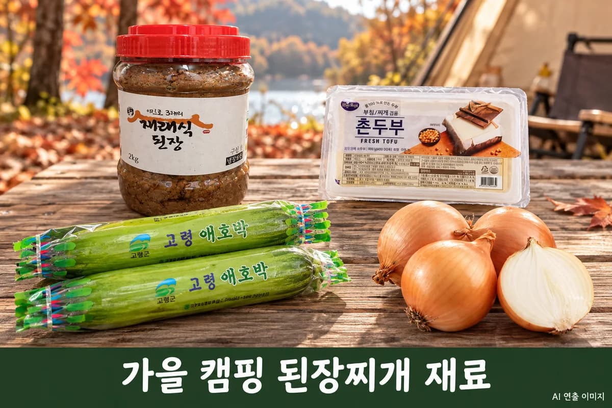 된장찌개 주재료를 펼친 가을 캠핑 장보기 장면