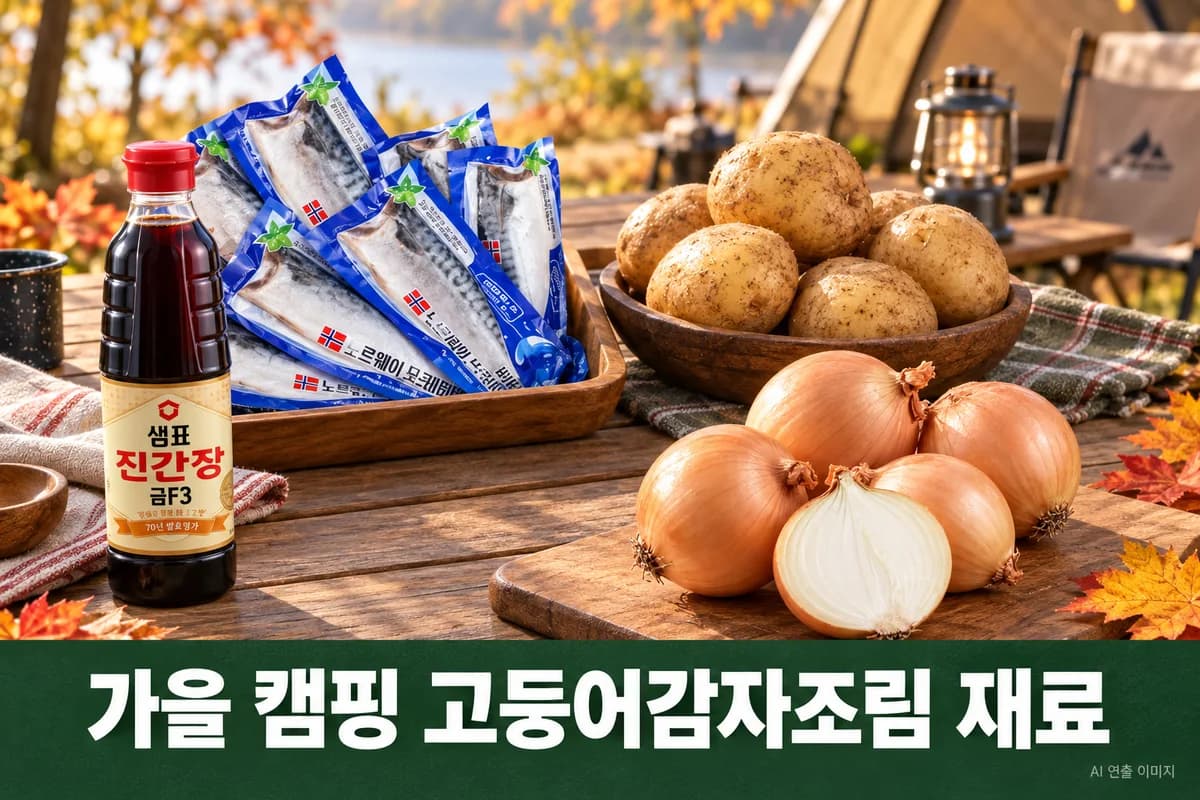 고등어감자조림 주재료를 펼친 가을 캠핑 장보기 장면
