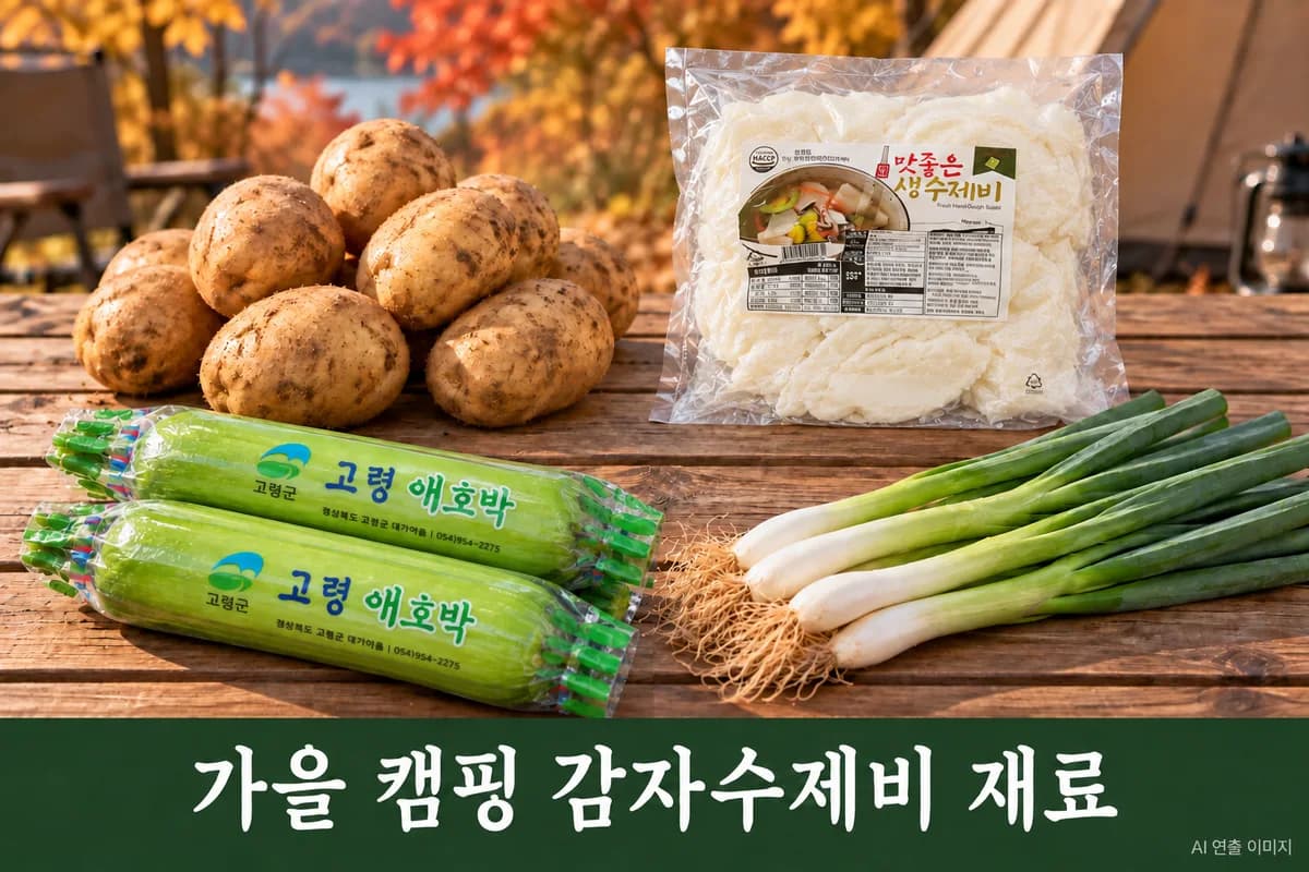 감자수제비 주재료를 펼친 가을 캠핑 장보기 장면