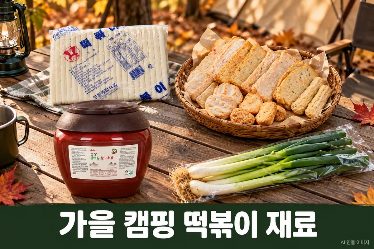 떡볶이 주재료를 펼친 가을 캠핑 장보기 장면