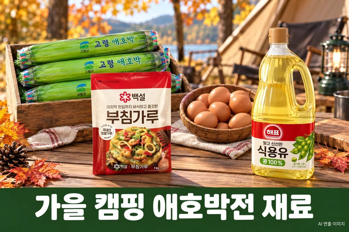 애호박전 주재료를 펼친 가을 캠핑 장보기 장면