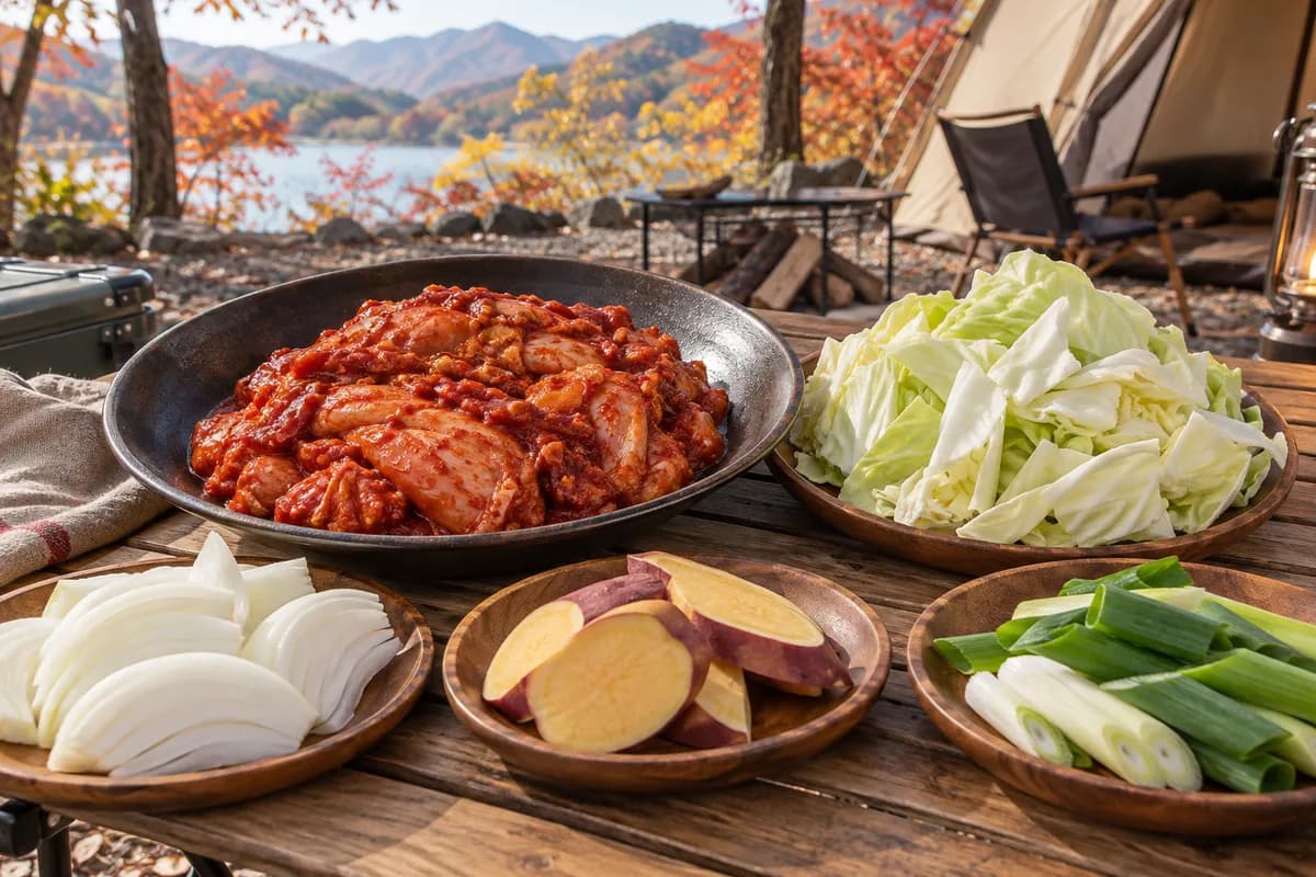 가을 캠핑에서 춘천 닭갈비를 준비한 장면