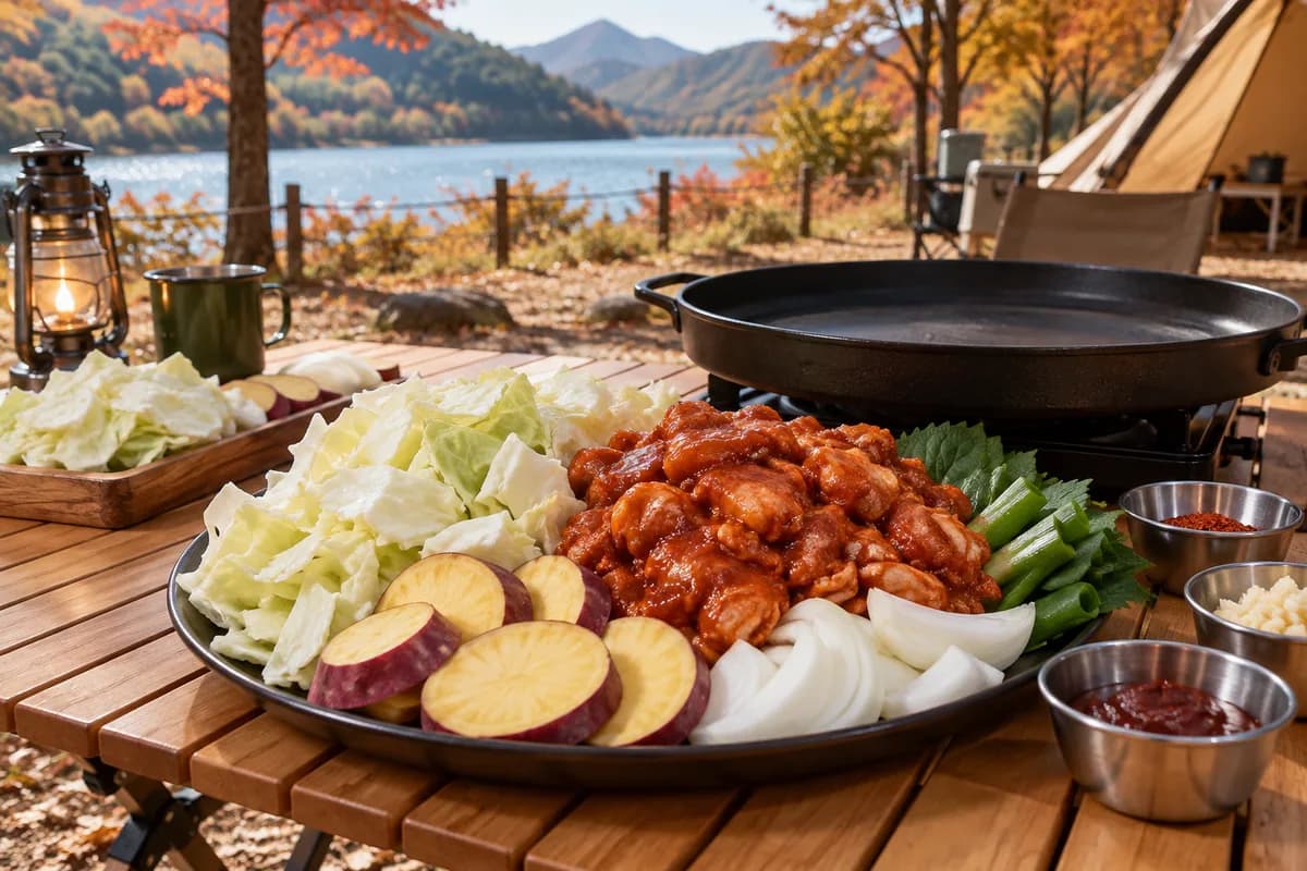 닭갈비와 버섯, 채소를 준비한 캠핑 조리 장면
