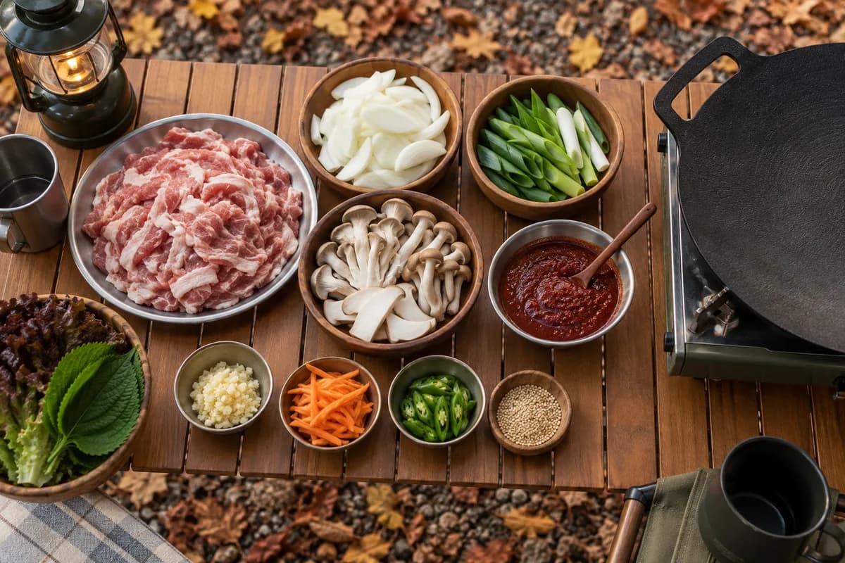 제육볶음용 돼지고기와 채소를 손질해 둔 장면