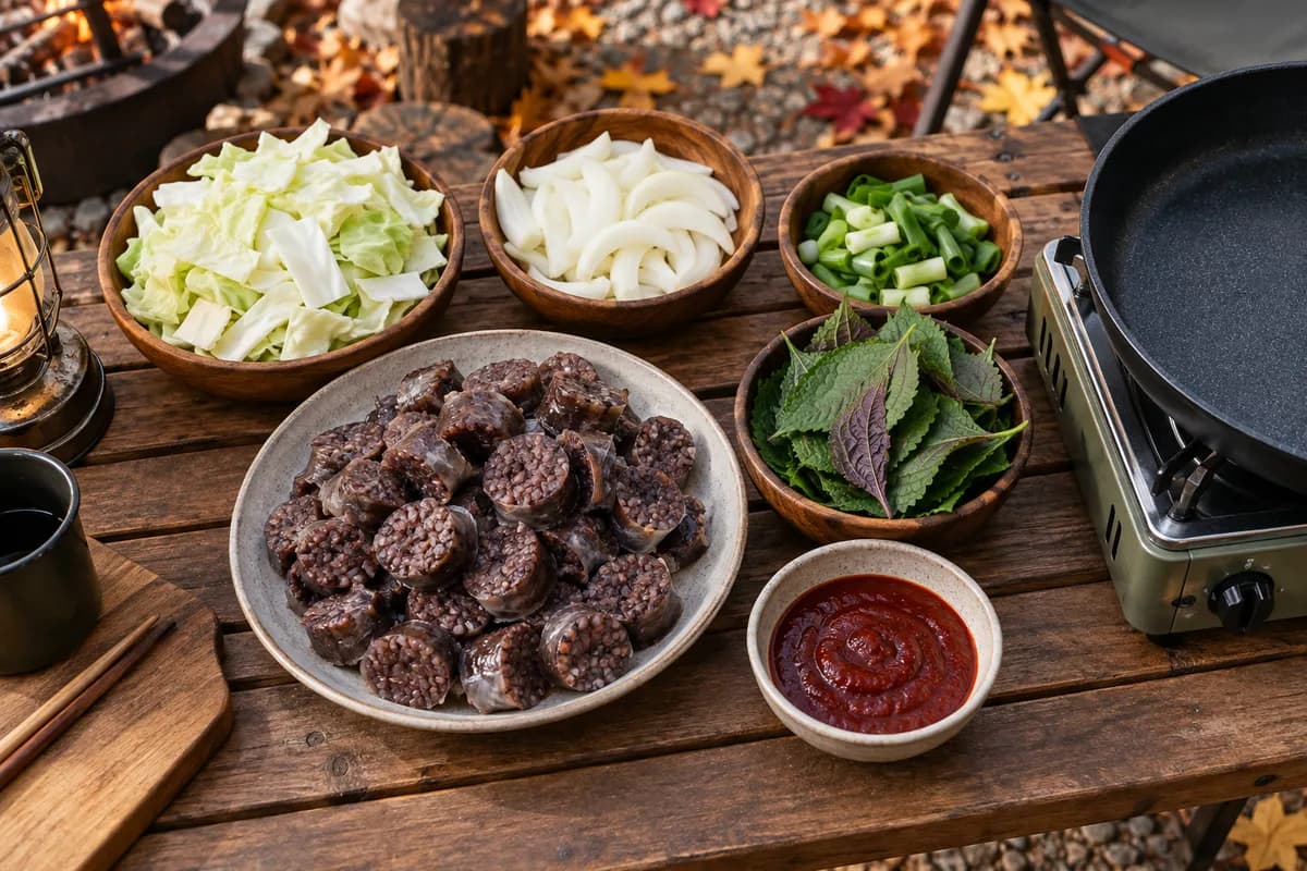 순대볶음용 순대와 채소, 양념을 준비한 장면