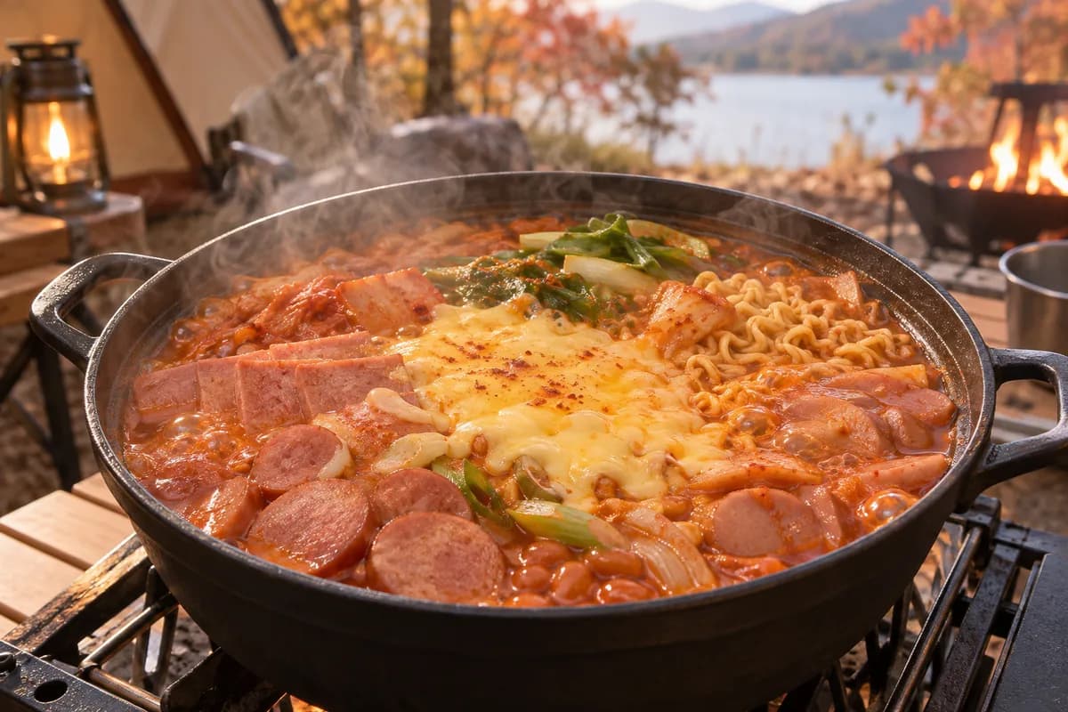 완성된 부대찌개 요리 장면