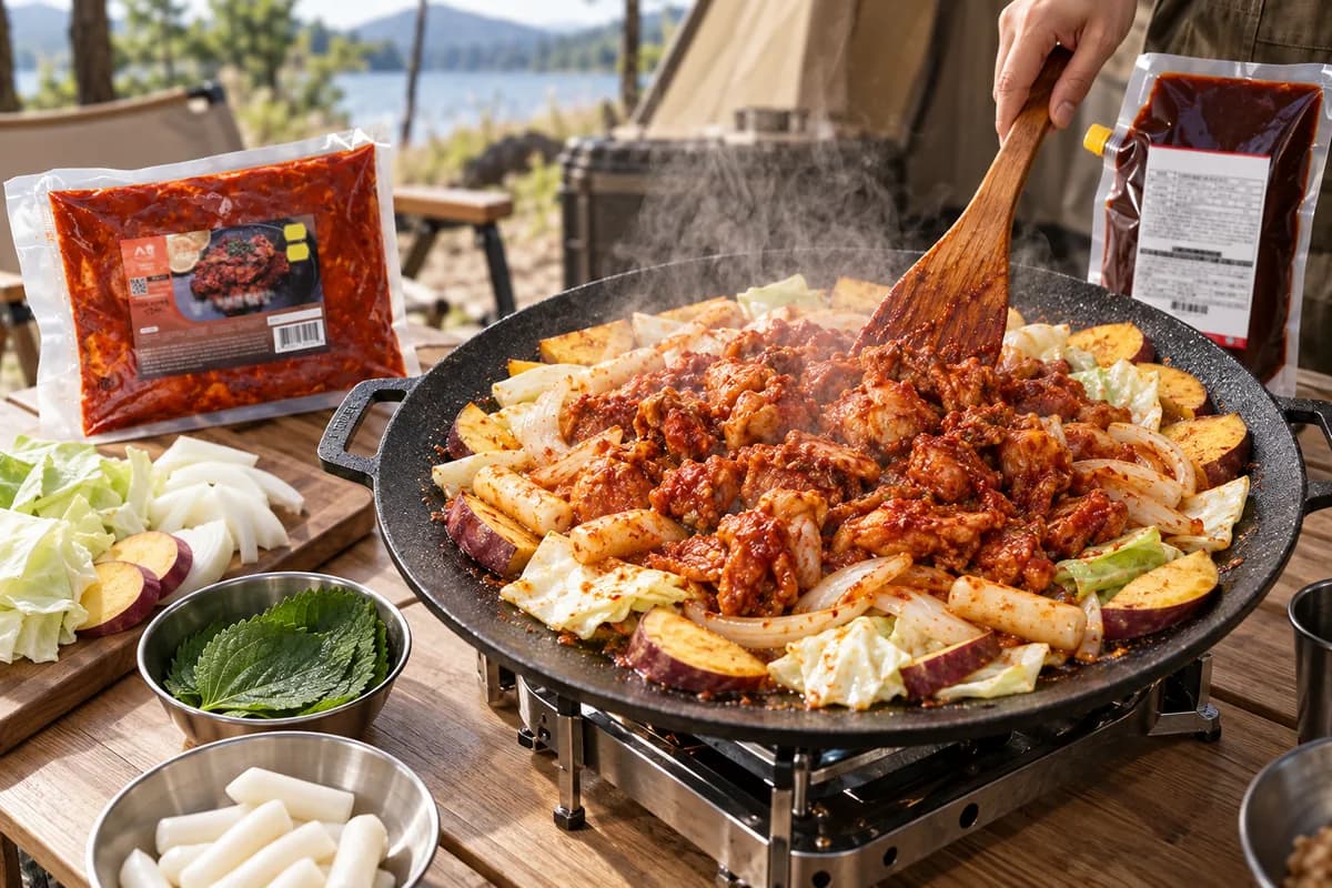양배추와 고구마 위에서 양념 닭갈비를 자작하게 볶는 캠핑 조리 장면