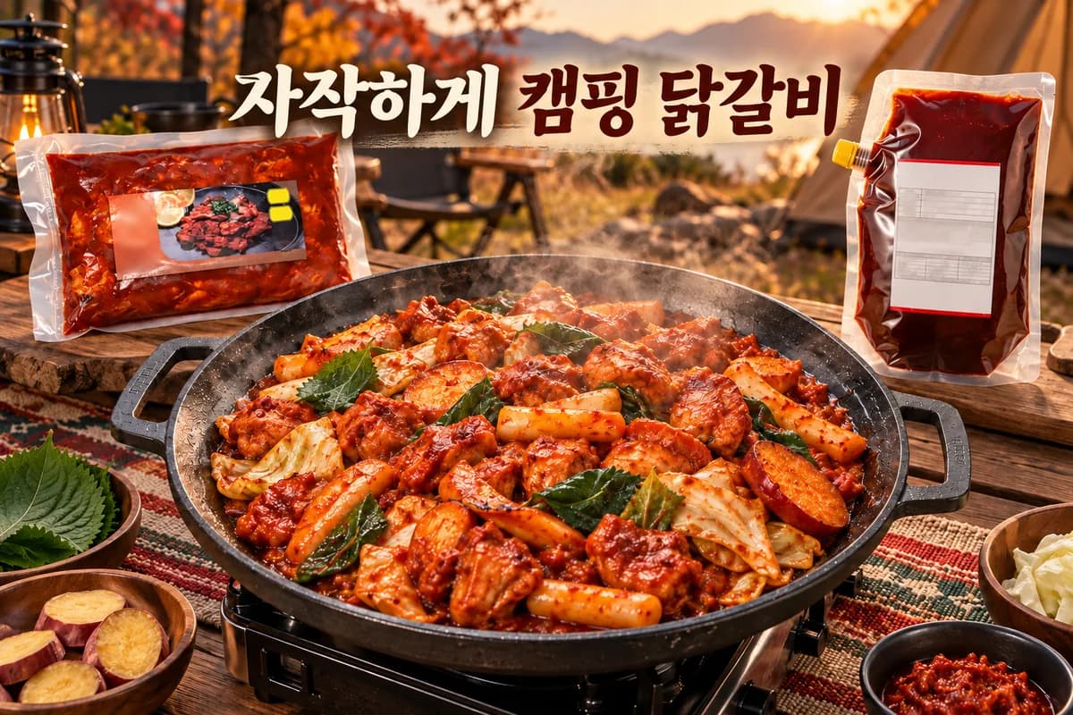 양배추와 고구마를 넣어 완성한 닭갈비, 양념 닭갈비, 볶음소스와 캠핑 그리들