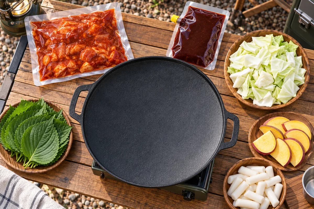 빈 그리들 주위에 양념 닭갈비, 볶음소스, 양배추, 고구마, 떡과 깻잎을 순서대로 둔 장면