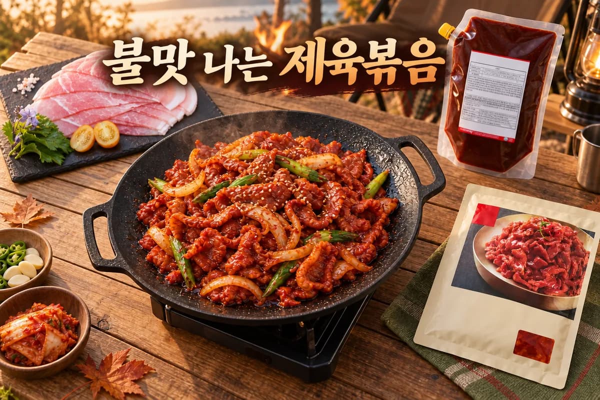 완성된 제육볶음과 돼지고기, 볶음소스, 간편 제육볶음, 캠핑 그리들을 함께 차린 식탁