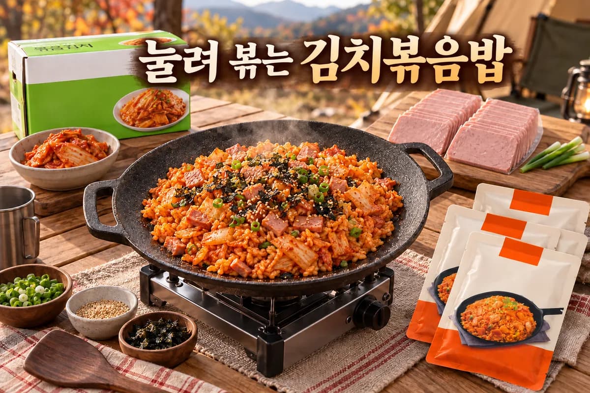 고슬하게 완성한 김치볶음밥과 볶음김치, 슬라이스햄, 냉동 김치볶음밥, 캠핑 그리들