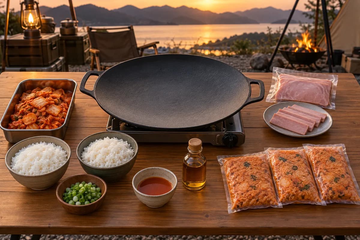 빈 그리들 주위에 볶음김치, 슬라이스햄, 냉동 김치볶음밥, 찬밥과 대파를 펼친 준비 장면