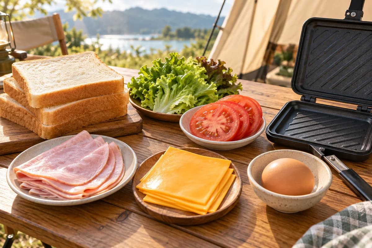 식빵과 슬라이스 햄, 체다치즈, 채소, 달걀, 샌드위치팬을 펼쳐 놓은 아침 식탁