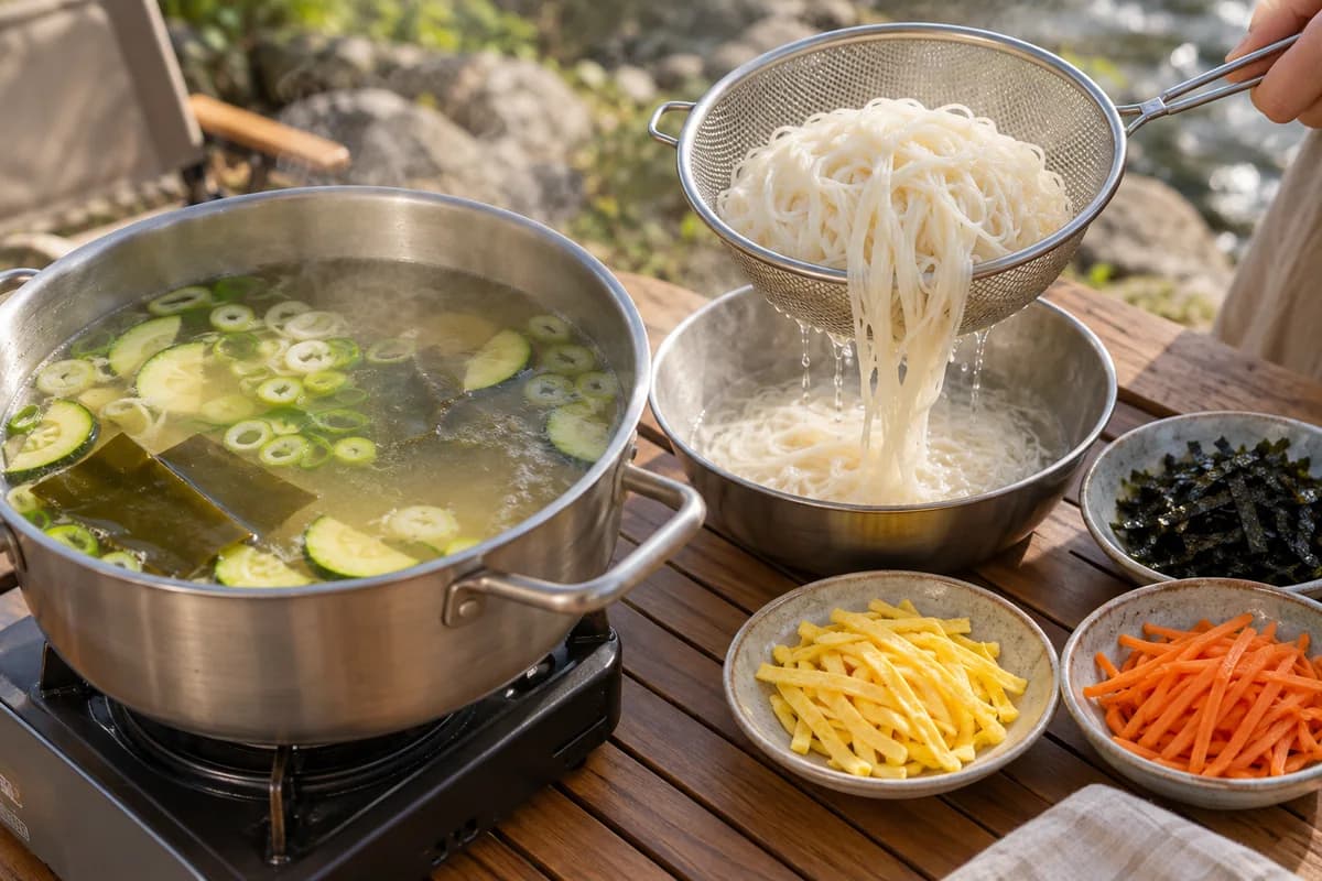 맑은 멸치육수 옆에서 삶은 소면을 건지고 고명을 준비한 조리 장면