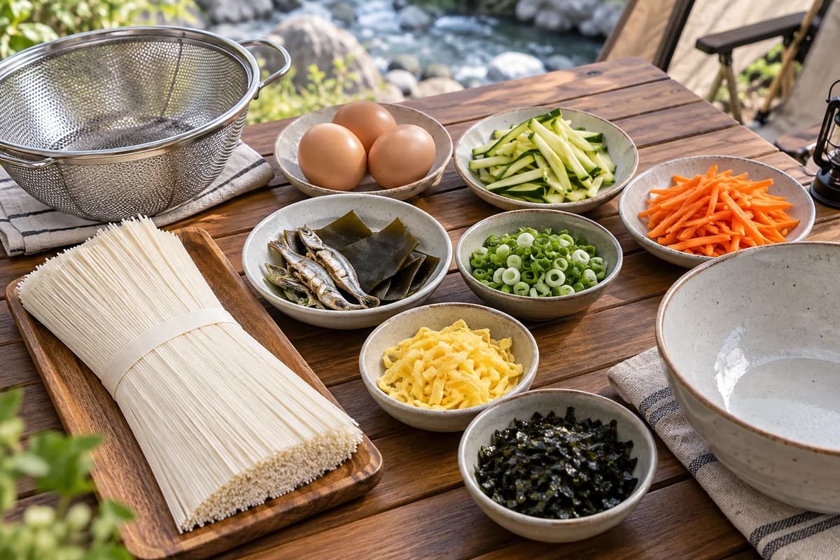 소면과 멸치 다시팩, 달걀지단, 애호박, 당근, 대파, 김가루를 펼쳐 놓은 잔치국수 재료상