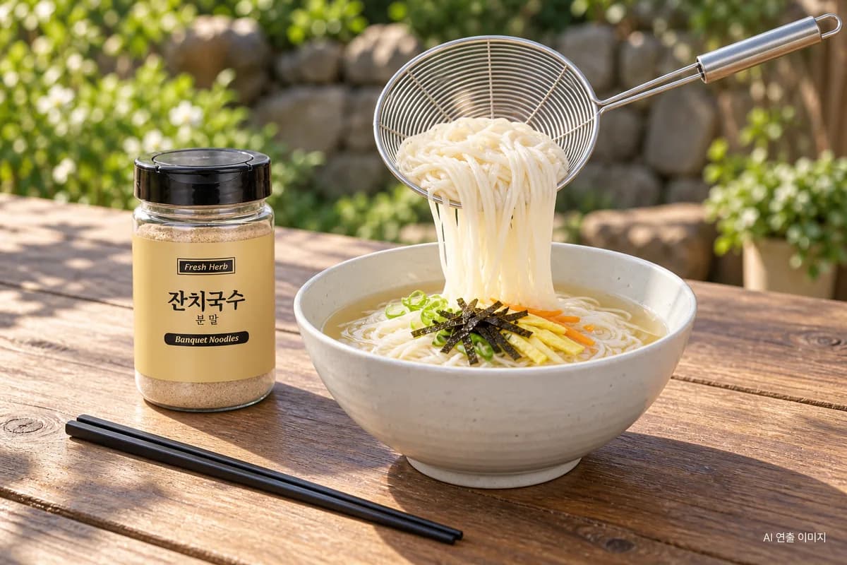 맑은 육수의 잔치국수에 계란지단과 김가루를 올리고 면을 건지는 모습