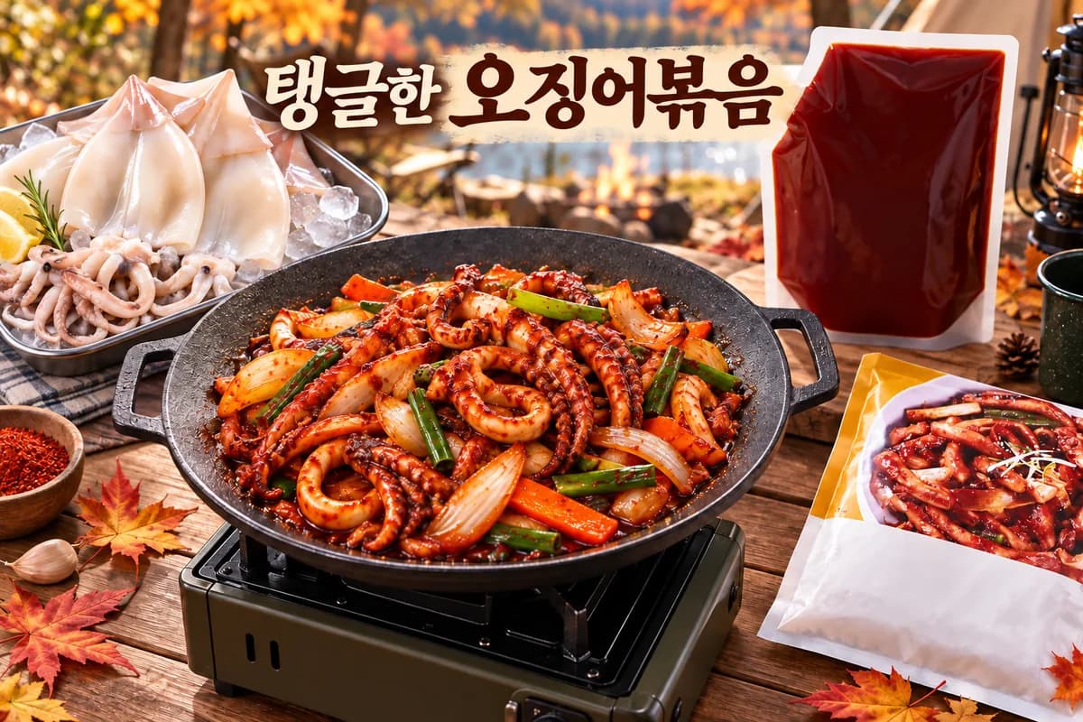 완성된 오징어볶음과 손질 오징어, 전용 양념, 냉동 오징어볶음, 캠핑 그리들