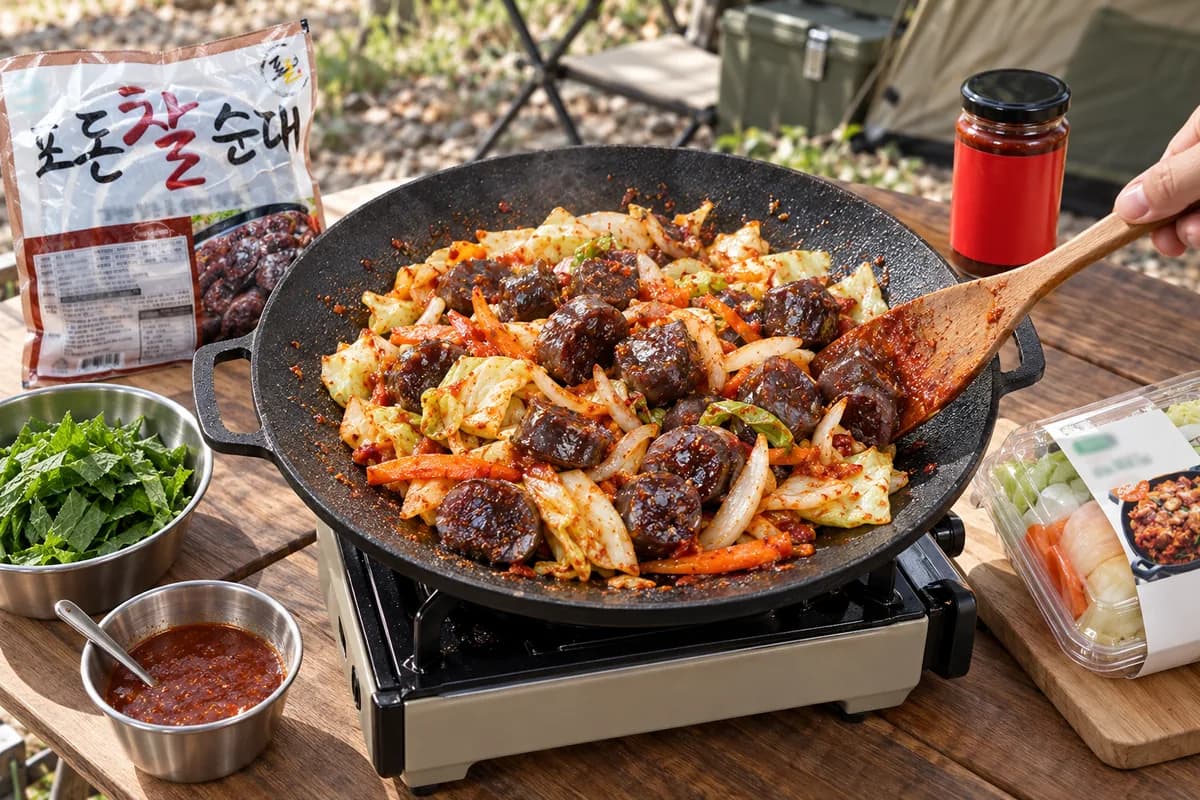 양배추가 익은 그리들에 순대를 넣고 주걱으로 들어 올리듯 섞는 조리 장면