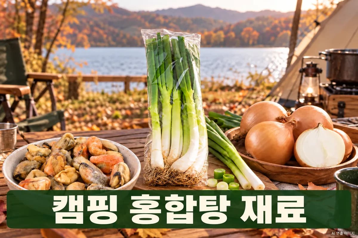 홍합탕 재료를 펼쳐 둔 가을 캠핑 준비 장면