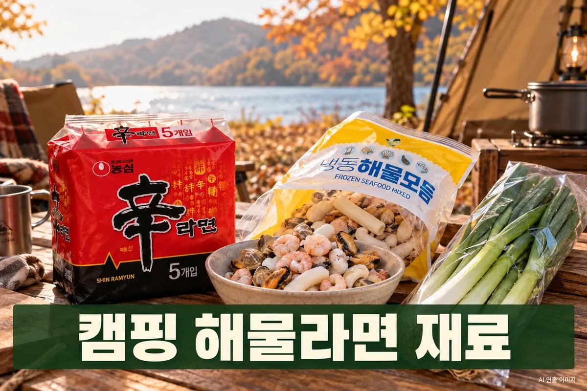 해물라면 재료를 펼쳐 둔 가을 캠핑 준비 장면