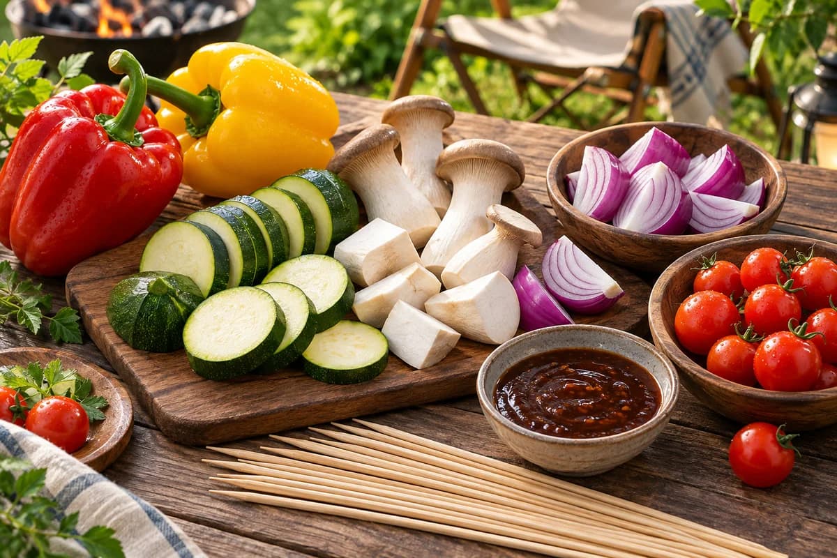 파프리카와 애호박, 새송이버섯, 양파, 방울토마토, 꼬치, 소스를 펼쳐 놓은 캠핑 채소꼬치 재료상
