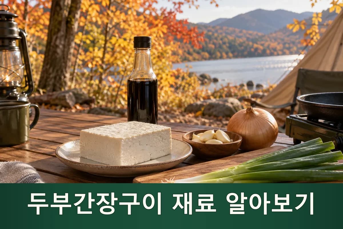 두부간장구이용 두부와 간장, 마늘을 준비한 가을 캠핑 장면