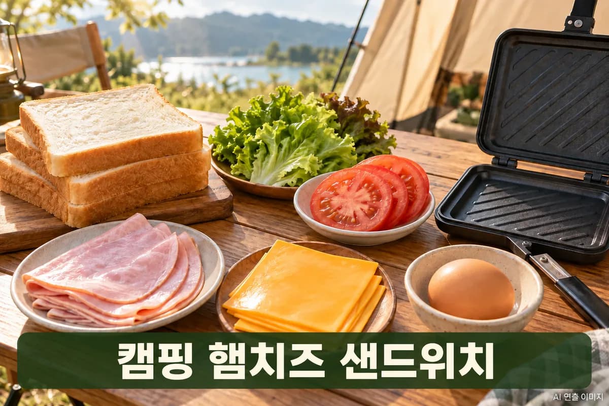 식빵과 슬라이스 햄, 체다치즈, 채소, 달걀, 샌드위치팬을 펼쳐 놓은 아침 식탁