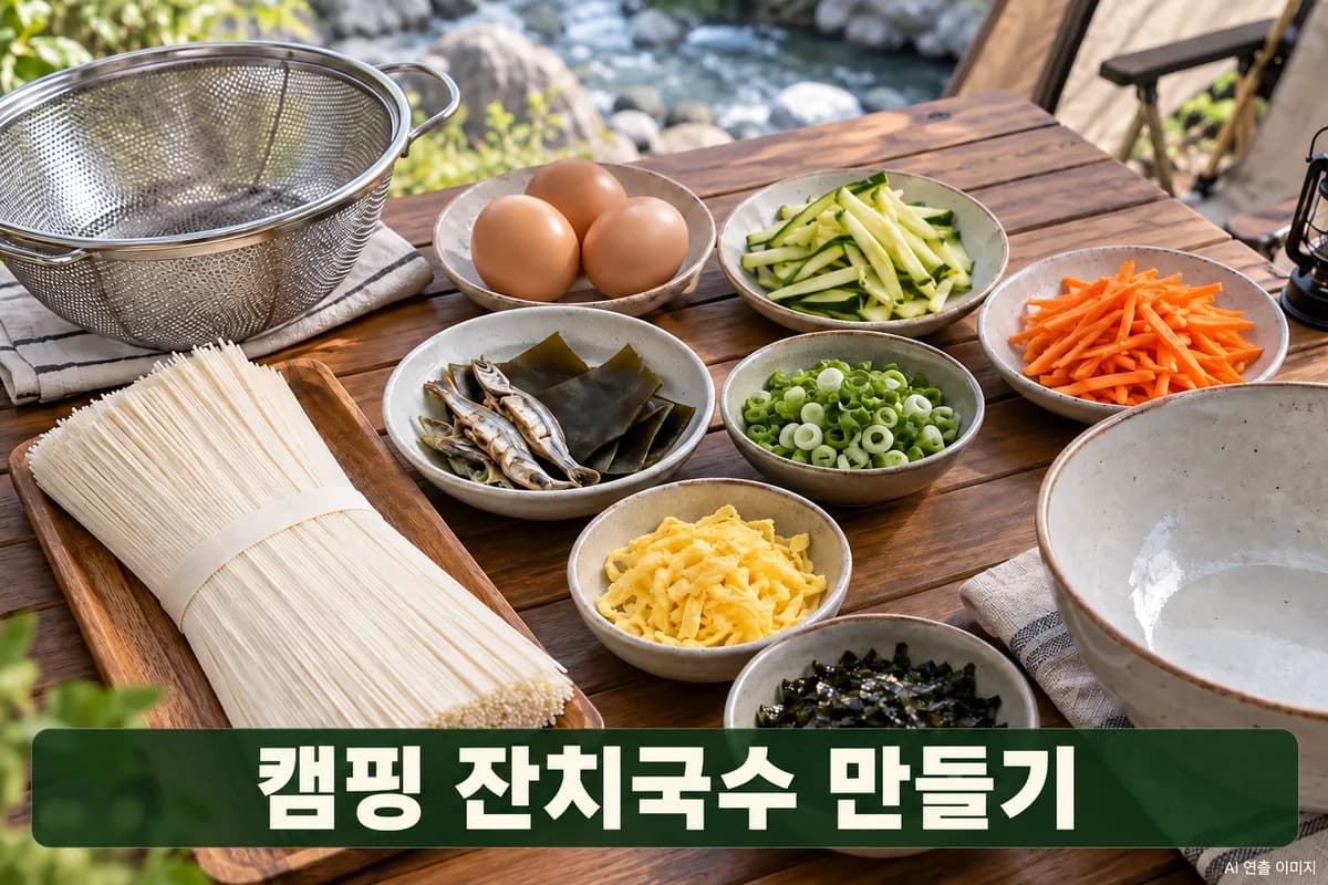 소면과 멸치 다시팩, 달걀지단, 애호박, 당근, 대파, 김가루를 펼쳐 놓은 잔치국수 재료상