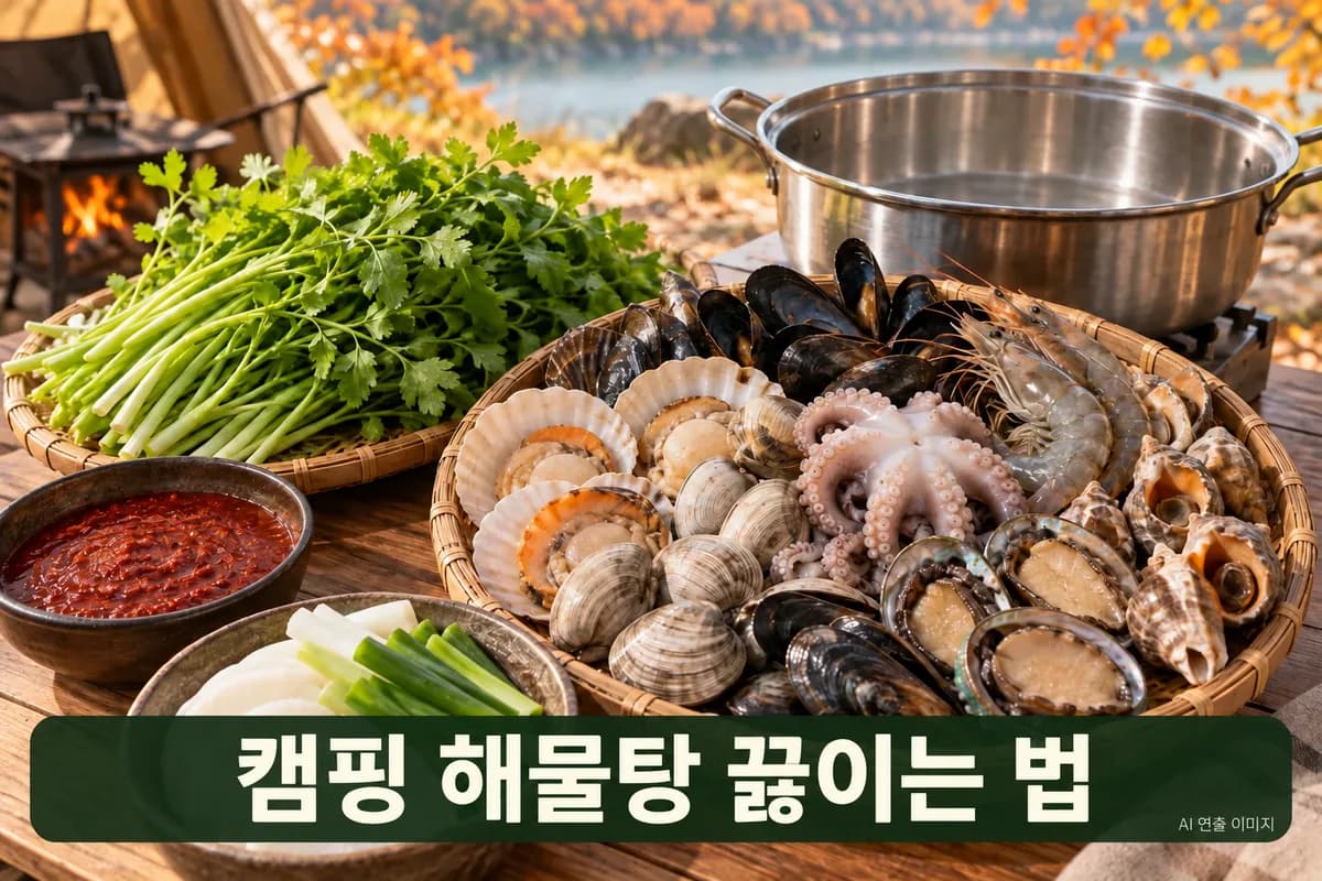 해물과 오만둥이, 매운탕 양념, 미나리, 무, 대파와 냄비를 펼쳐 놓은 캠핑 해물탕 재료상