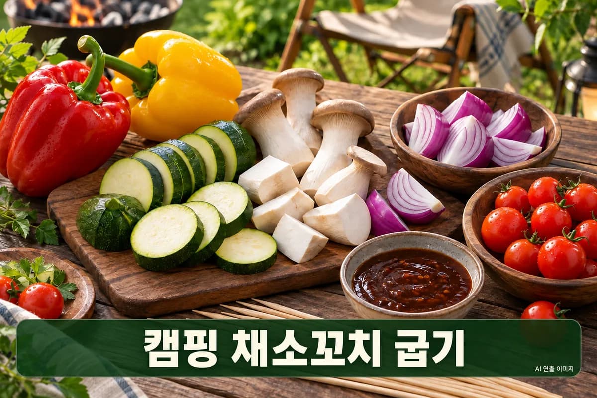 파프리카와 애호박, 새송이버섯, 양파, 방울토마토, 꼬치, 소스를 펼쳐 놓은 캠핑 채소꼬치 재료상