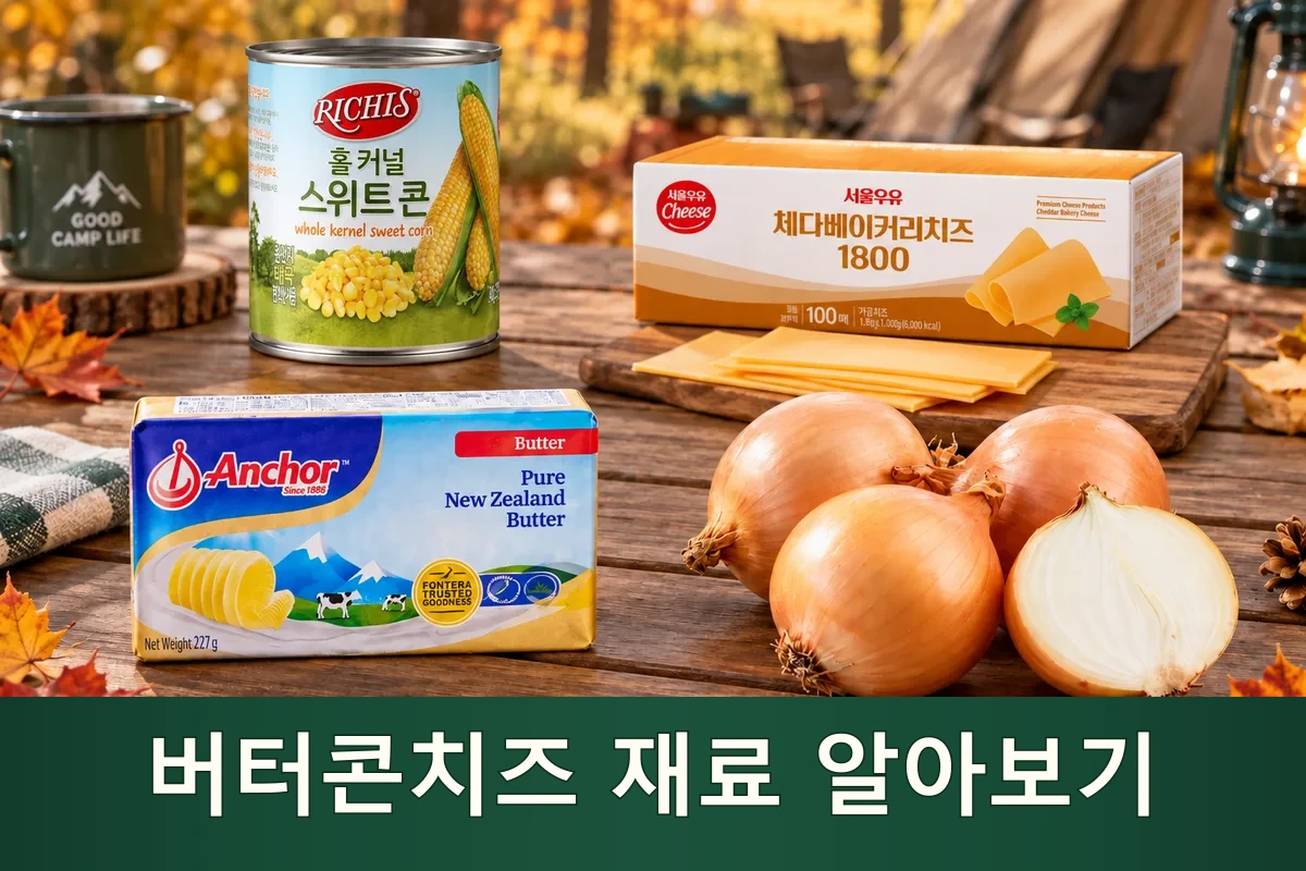 버터콘치즈 주재료를 펼친 가을 캠핑 장보기 장면