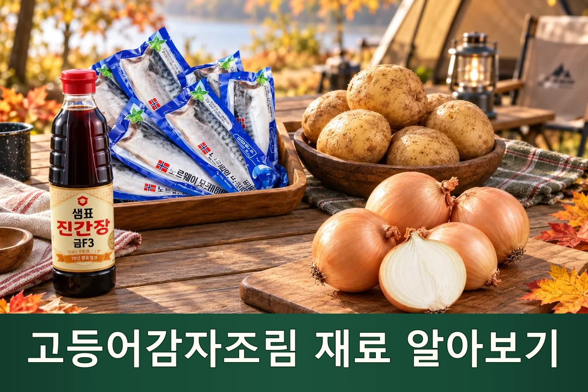 고등어감자조림 주재료를 펼친 가을 캠핑 장보기 장면