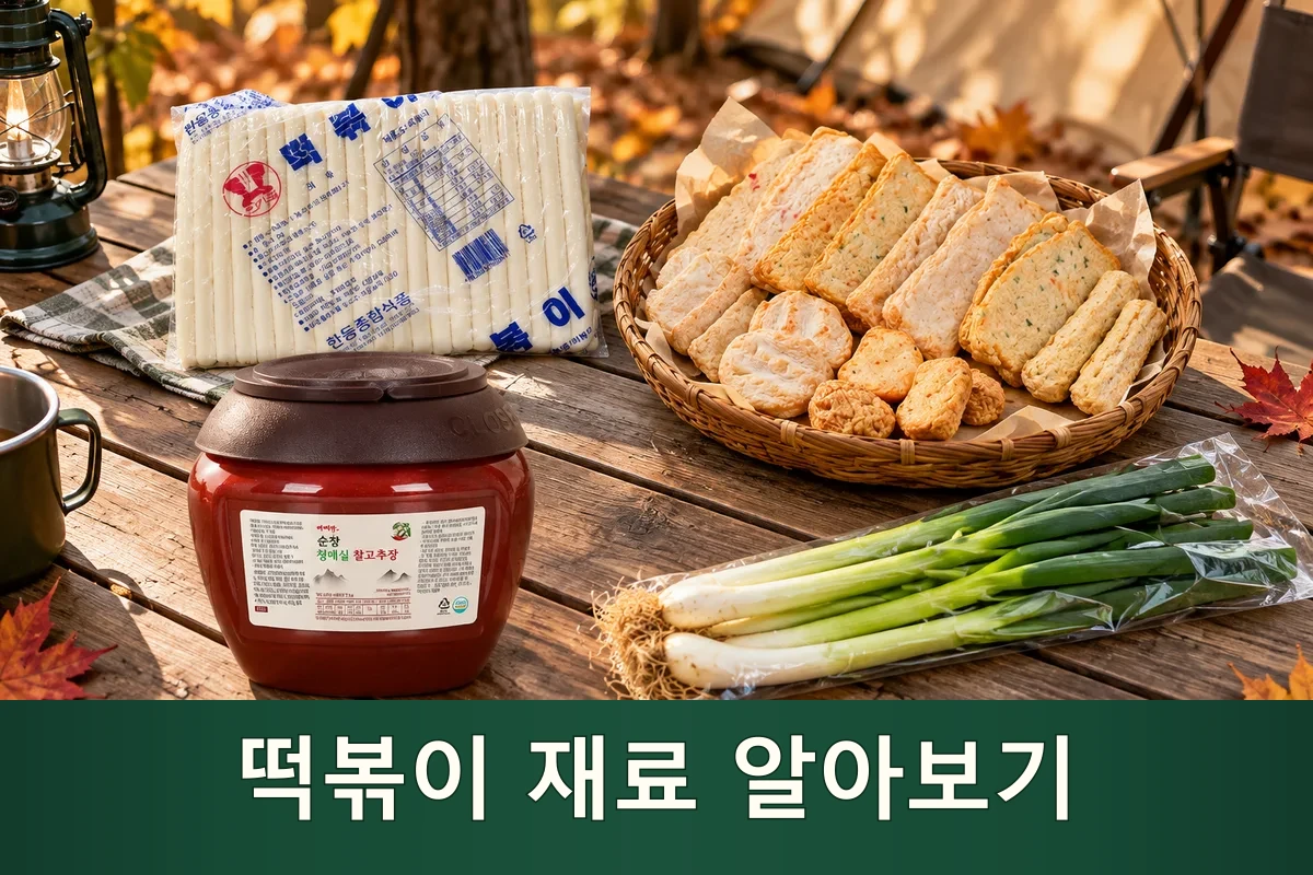 떡볶이 주재료를 펼친 가을 캠핑 장보기 장면