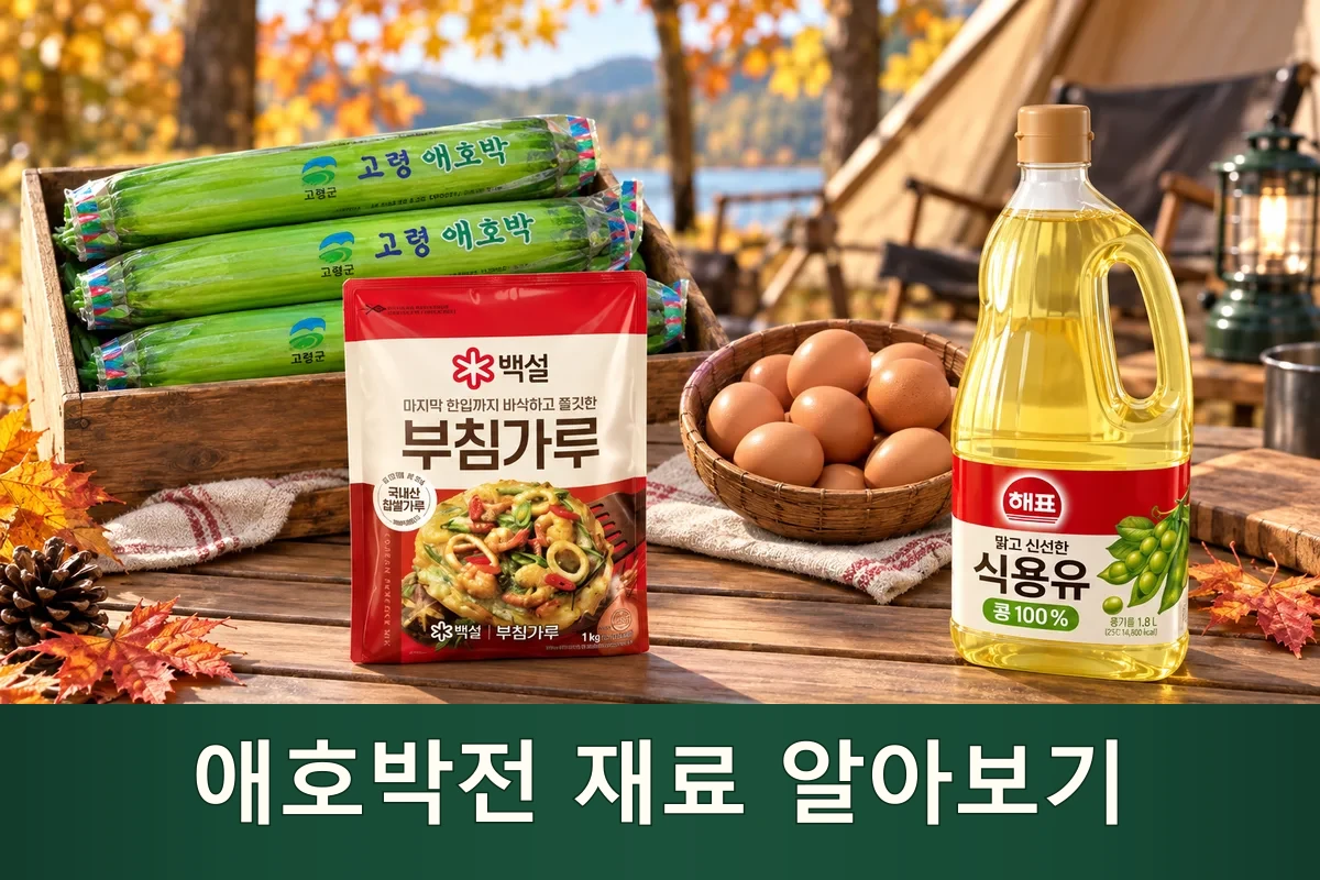 애호박전 주재료를 펼친 가을 캠핑 장보기 장면