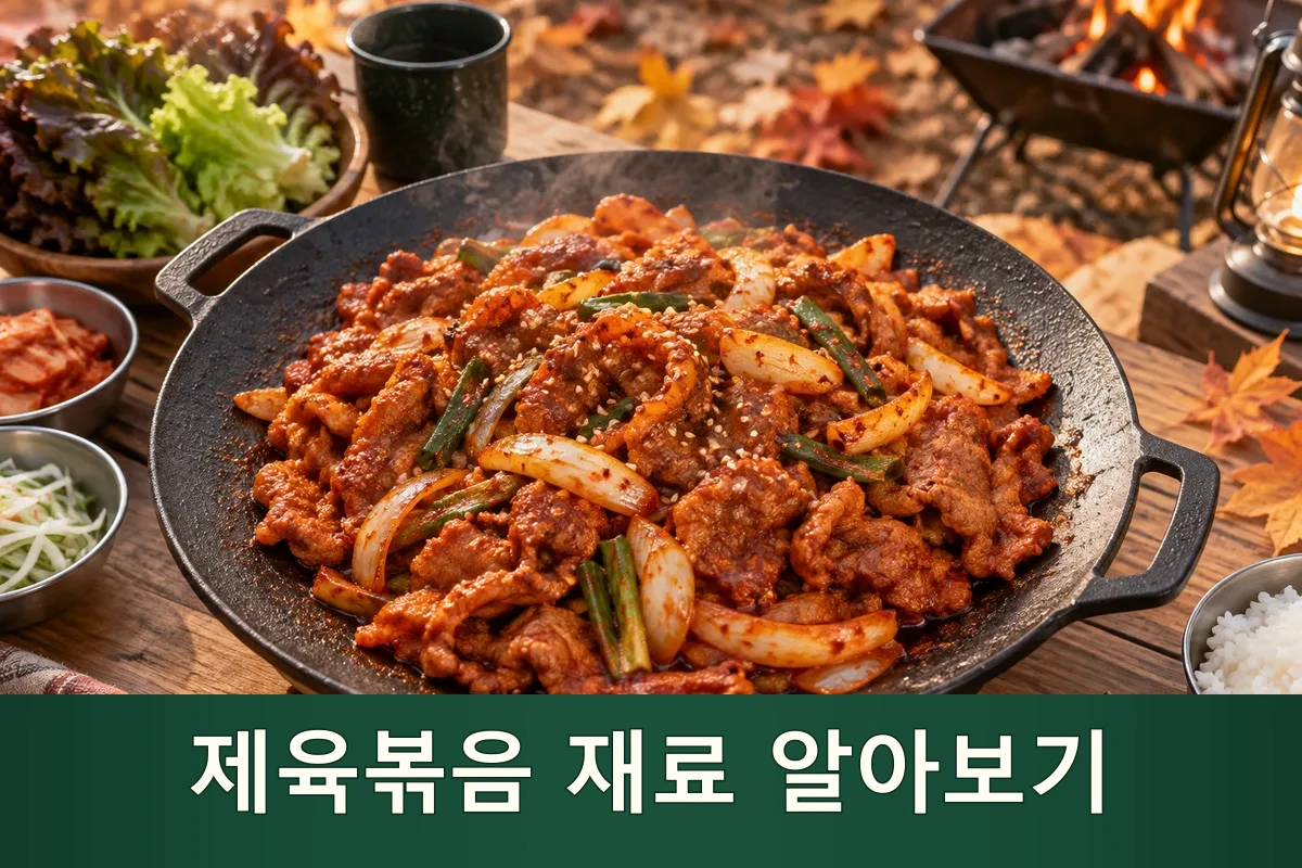 가을 캠핑에서 제육볶음을 준비한 장면