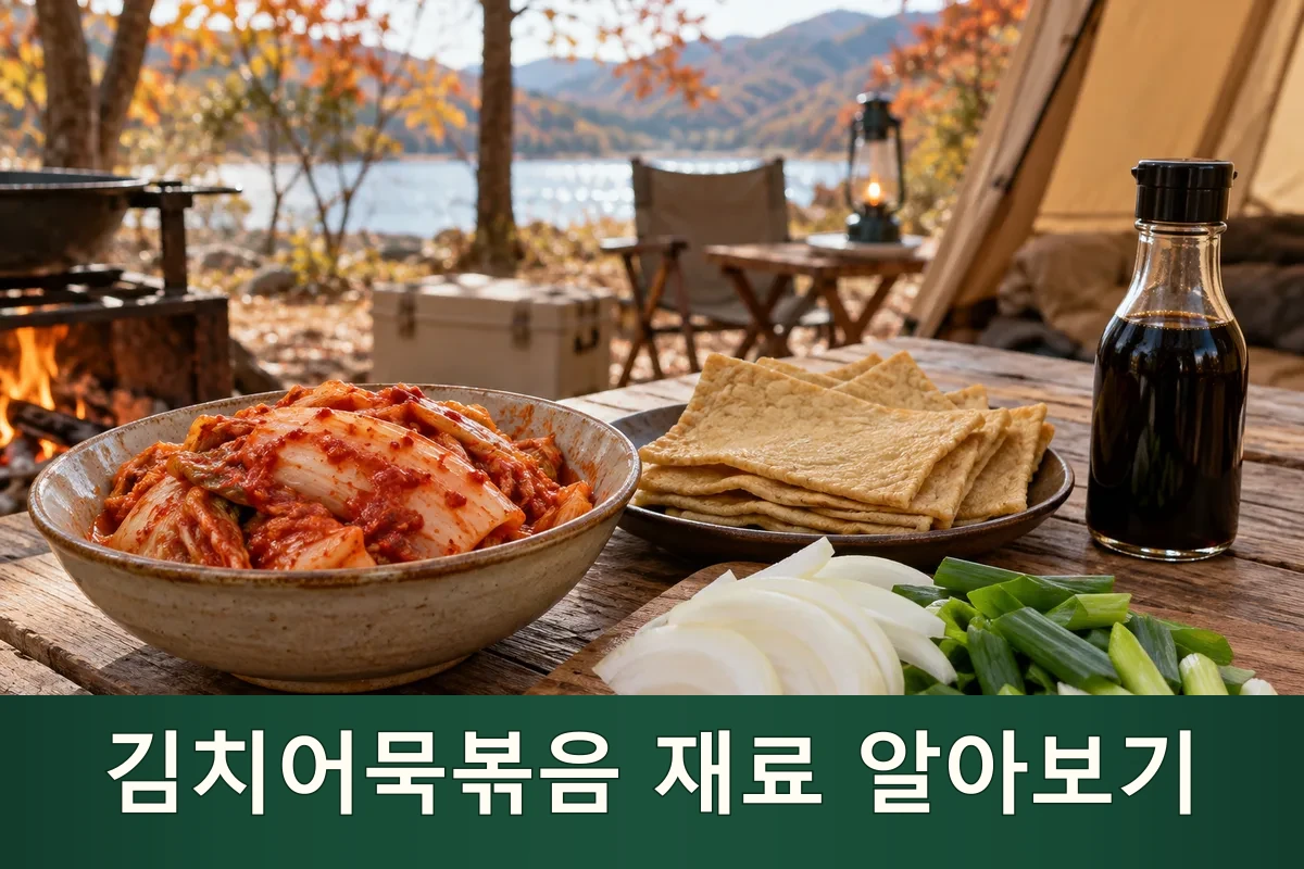 김치어묵볶음용 김치와 어묵, 양파를 준비한 가을 캠핑 장면