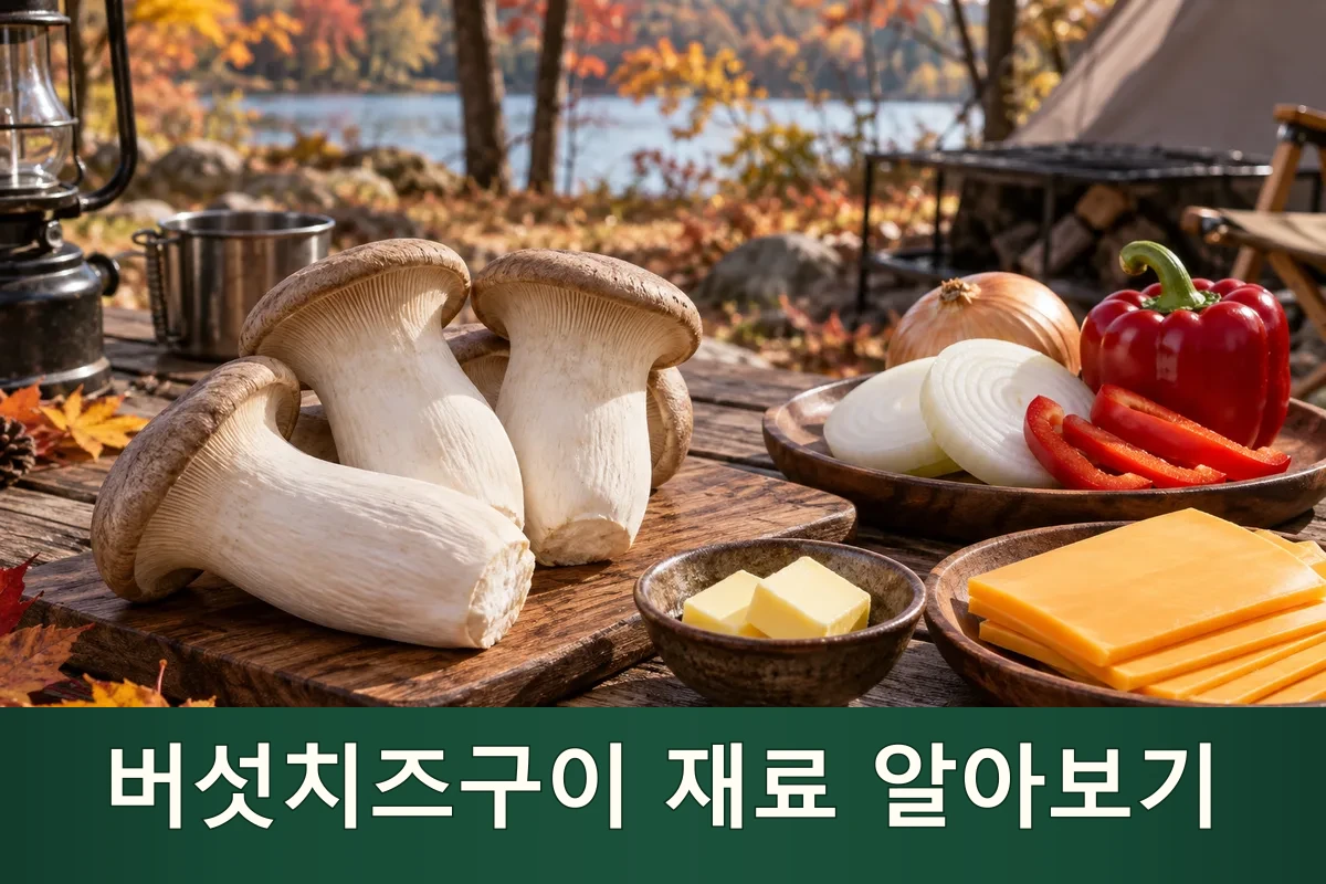 버섯치즈구이용 새송이버섯과 치즈, 버터를 준비한 가을 캠핑 장면