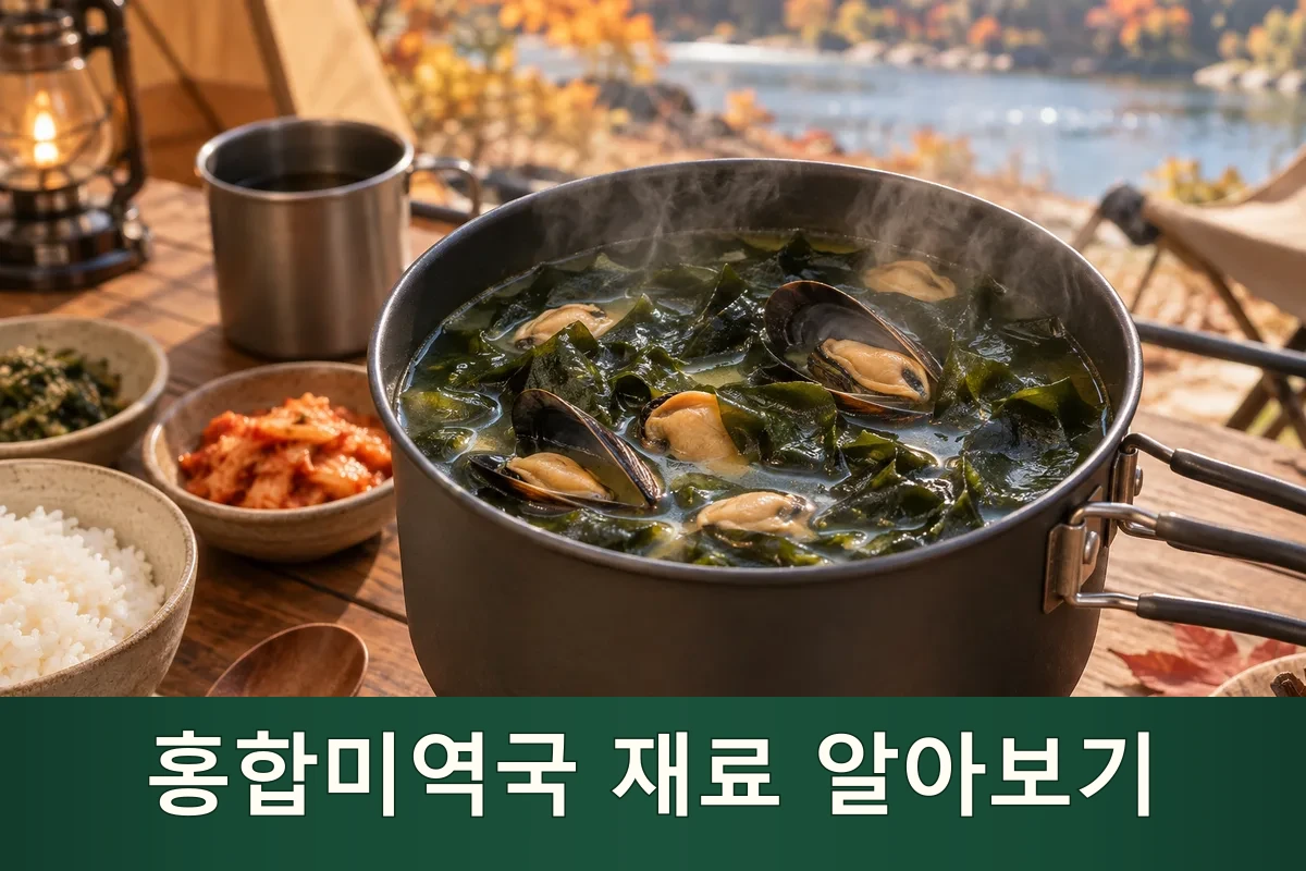 가을 캠핑에서 홍합미역국을 준비한 장면