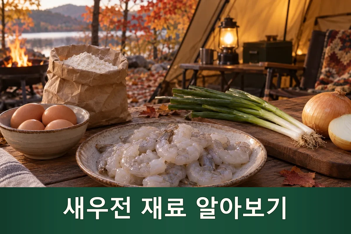 새우전용 새우와 달걀, 부침가루를 준비한 가을 캠핑 장면