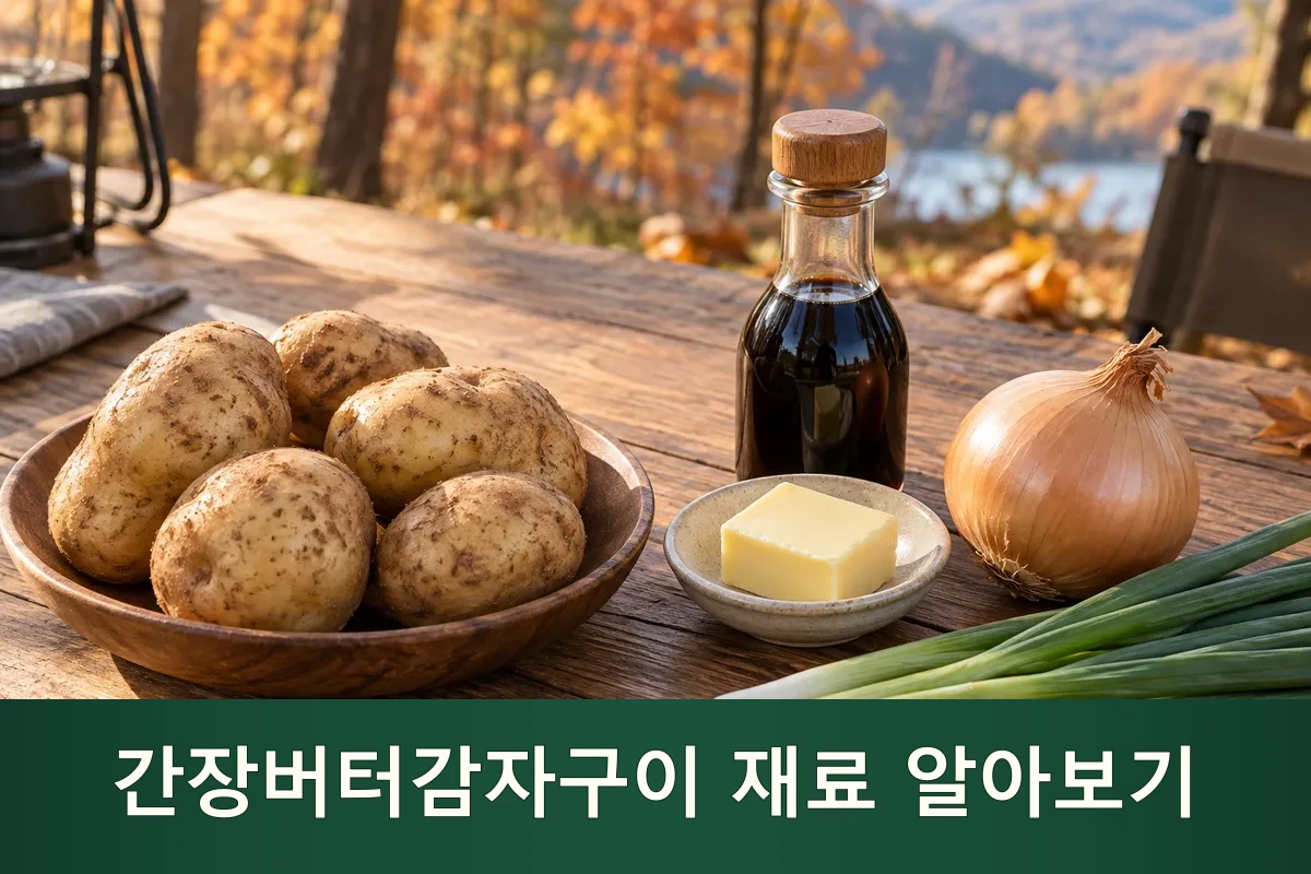 간장버터감자구이용 감자와 버터, 간장을 준비한 가을 캠핑 장면