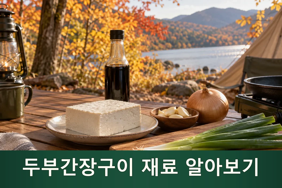 두부간장구이용 두부와 간장, 마늘을 준비한 가을 캠핑 장면