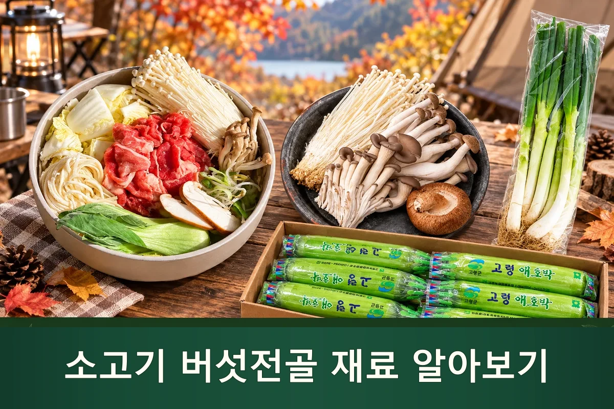 소고기 버섯전골 재료를 펼쳐 둔 가을 캠핑 준비 장면