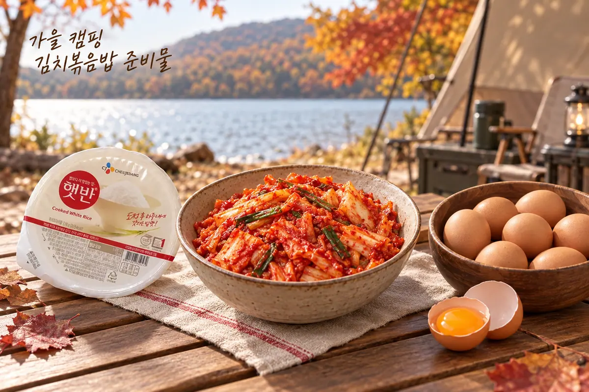김치볶음밥 재료를 펼쳐 둔 가을 캠핑 준비 장면