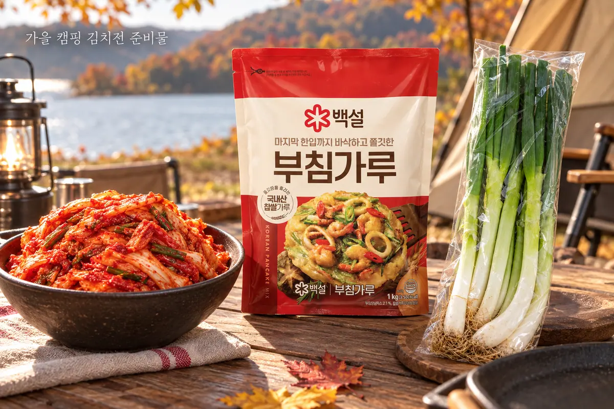 김치전 재료를 펼쳐 둔 가을 캠핑 준비 장면