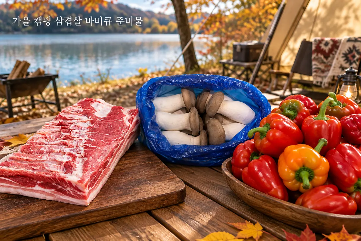 삼겹살 바비큐 재료를 펼쳐 둔 가을 캠핑 준비 장면