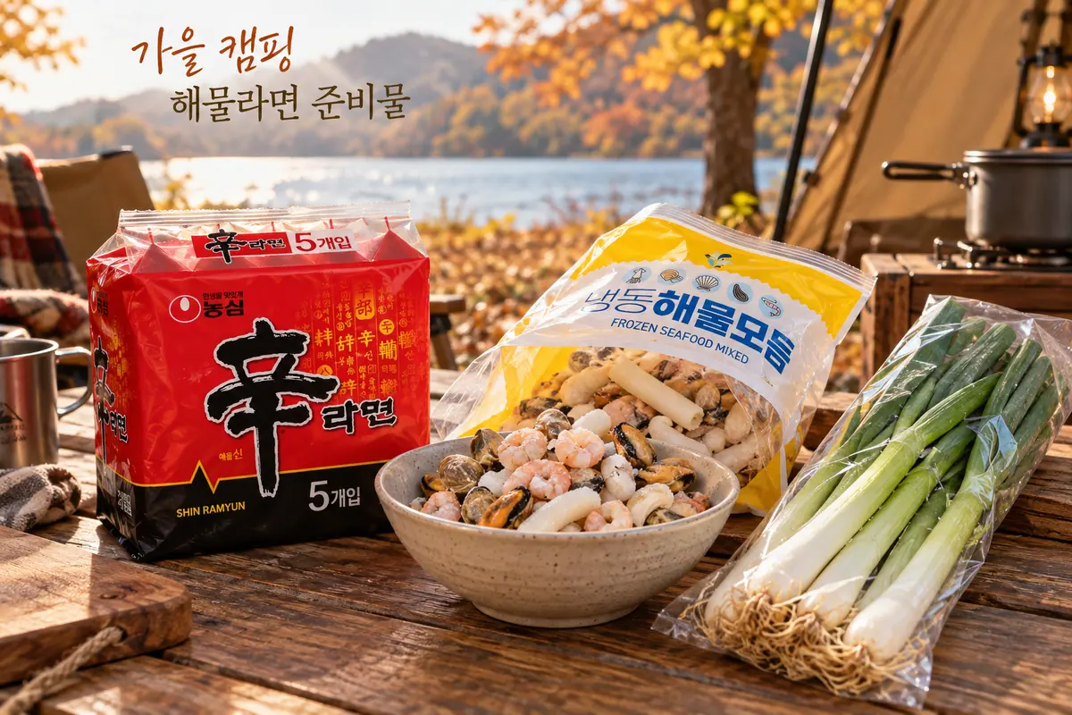 해물라면 재료를 펼쳐 둔 가을 캠핑 준비 장면