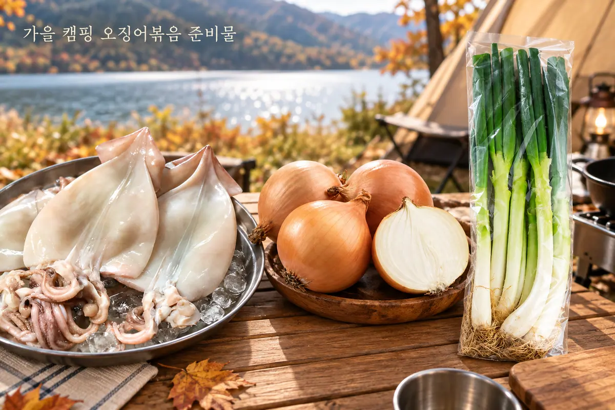 오징어볶음 재료를 펼쳐 둔 가을 캠핑 준비 장면
