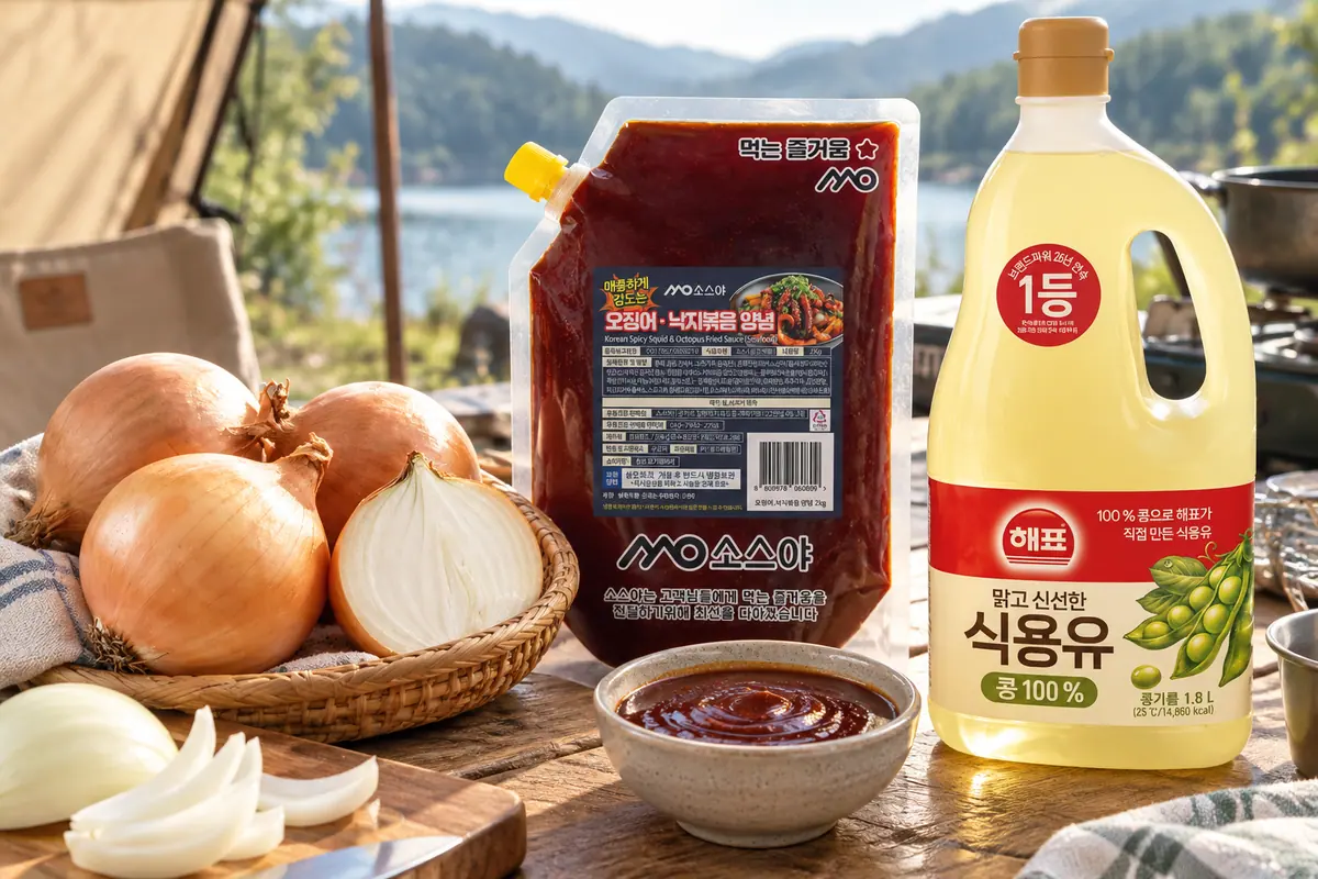 오징어볶음 추가 재료와 양념 점검 장면