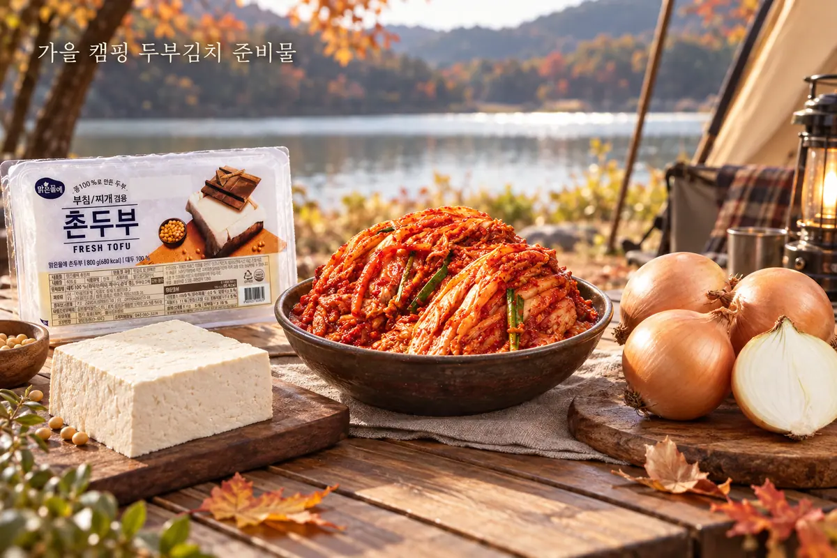 두부김치 재료를 펼쳐 둔 가을 캠핑 준비 장면